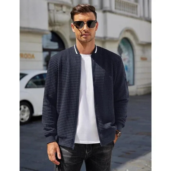 Men's Sweatshirt Bomber Jacket Navy Blue Casual Zip Up Waffle Knit Lightweight